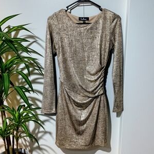 Lulus Luxe of My Life Metallic Gold Long Sleeve Dress S Small